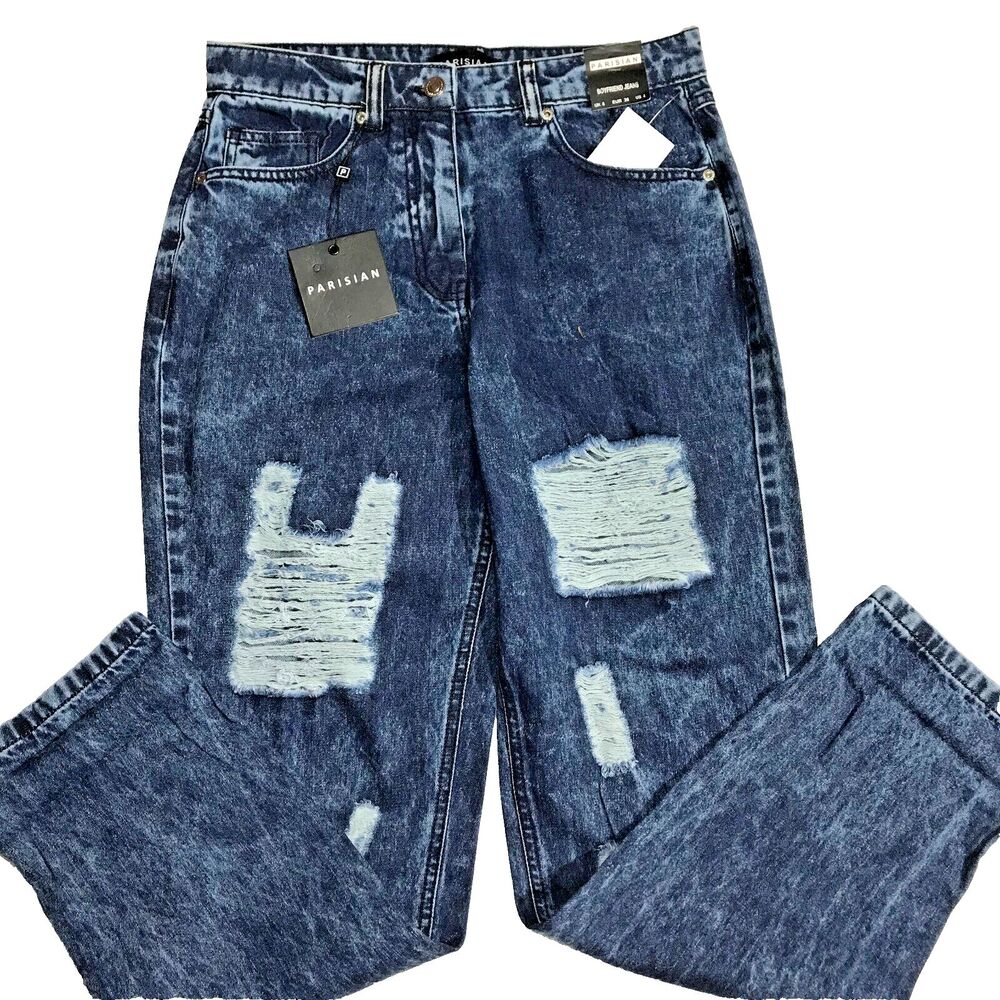 Parisian woman Dark Blue distressed Acid wash Boyfriend Jeans Size 4 ripped NWT